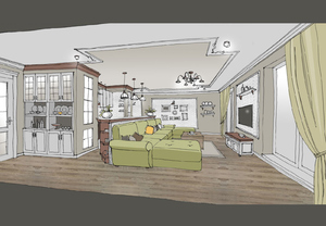 Заказать Блиц-проект интерьеров онлайн для людей строящих свой дом, квартиру в г. Волгоград . Кухня-гостиная 37м2. Вид 1